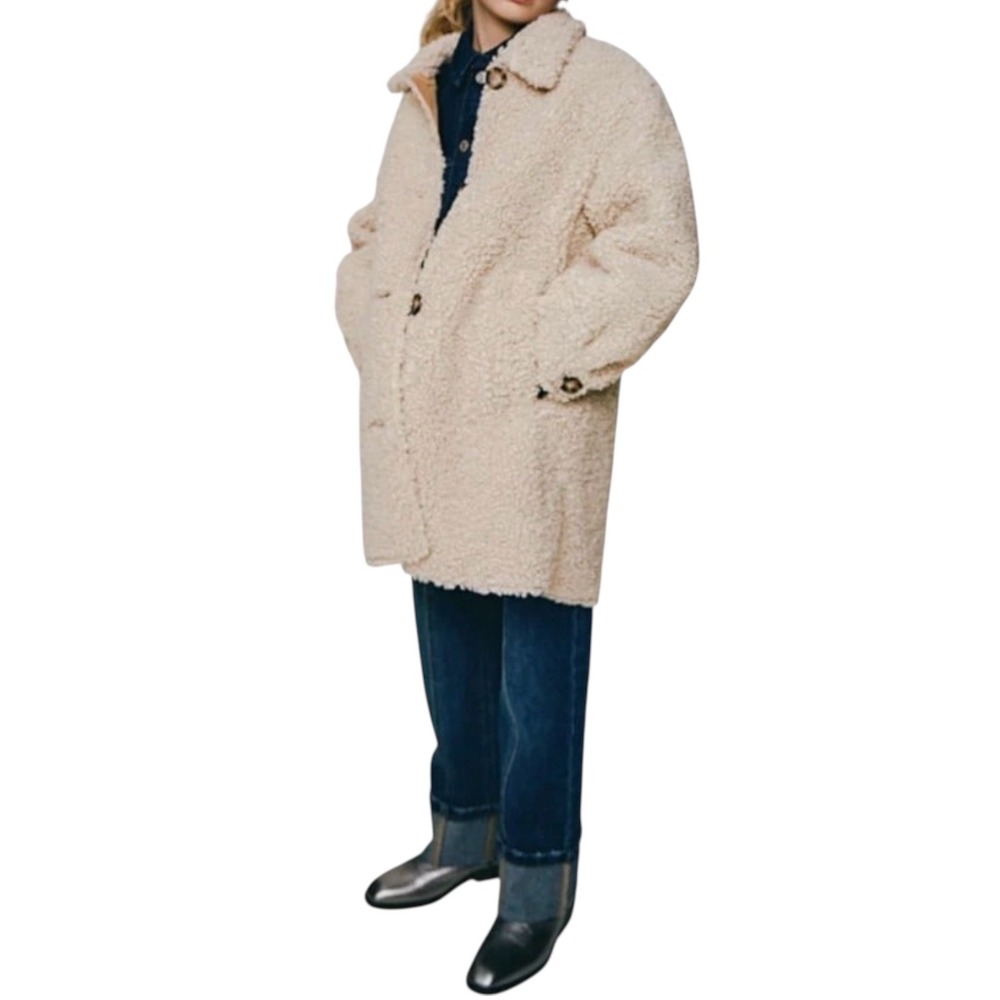 ZARA GIRLS Cream Teddy Sherpa Fleece Coat Jacket Button Front Cozy Size 11-12‎